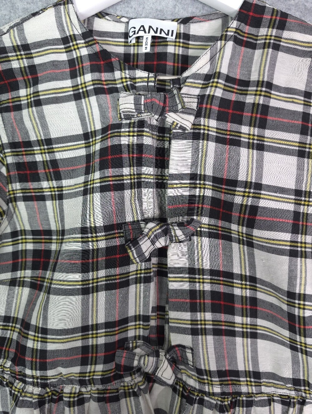 Ganni Silk Ivory Check Babydoll Mini Dress with Black and Red Tartan - Picture 6 of 13
